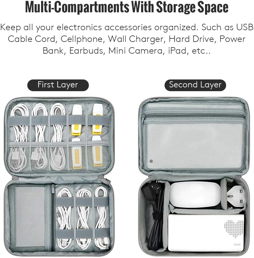 Travel Electronics Organizer, Electronic Accessories Case, Portable Double Layer Cable Storage Bag for Cord, Phone, Charger, Portable Hard Disk, Power Bank, Phone, Personal Items - (Grey) image 3