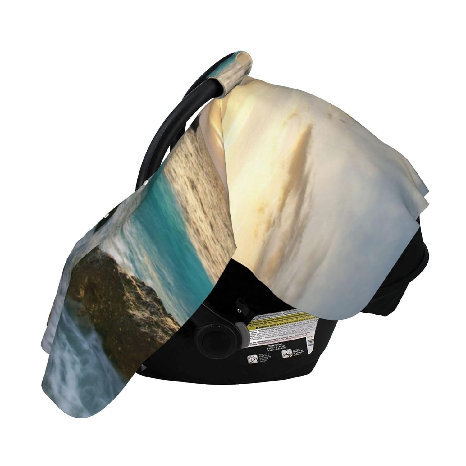 Seascape Composition of Nature Rocks Waves Cloudy Sky Rising Sun Beach Baby Car Seat Cover & Breastfeeding Nursing Cover - Breathable Stretch Fabric Multi-Use