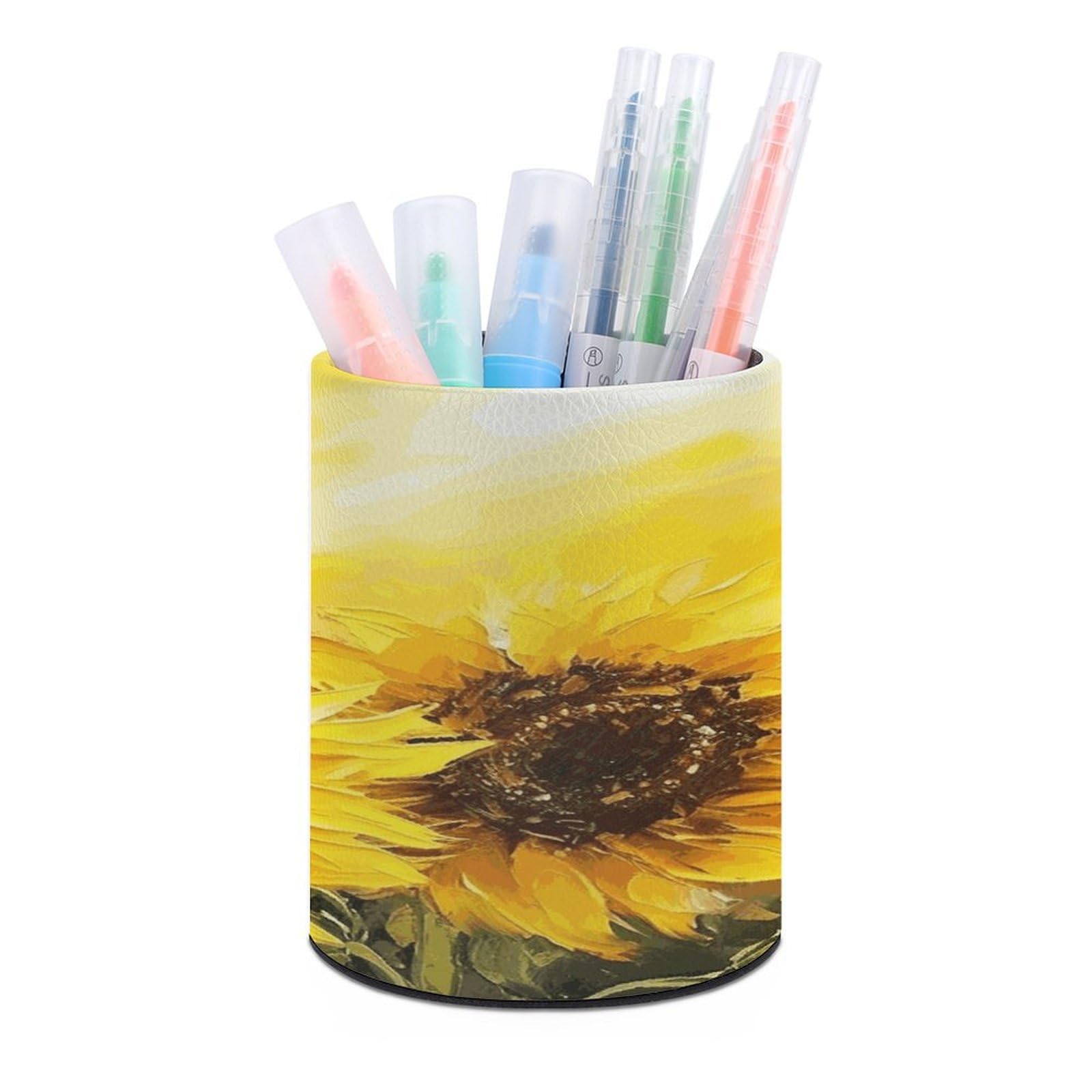 FekiLoot Round Yellow Sunflowers Pen Holder for Desk PU Leather Waterproof Pencil Cup Stand Minimalist Makeup Brush Storage Organizer Desktop Stationery Container Accessorires