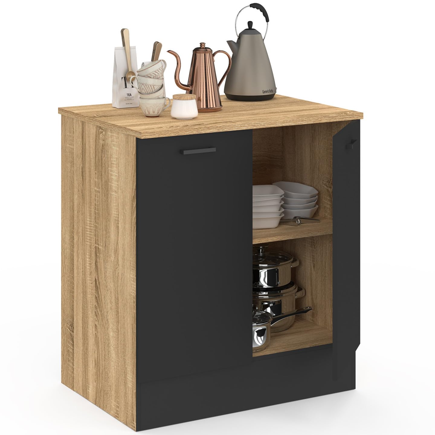 IDMarket - Meuble Bas de Cuisine 80 cm STIL appoint 2 Portes Bois et Noir