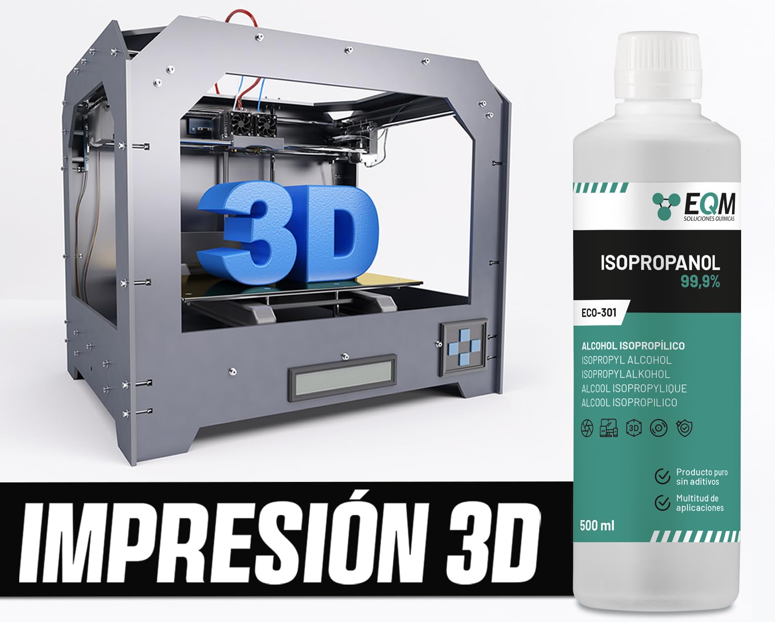 EQM - ECO-301 - Alcohol Isopropílico 99,9% - 500 ML - Isopropanol - Limpieza componentes electrónicos, objetivos y pantallas - Limpieza de resinas en impresión 3D - Limpiacristales y desengrasante