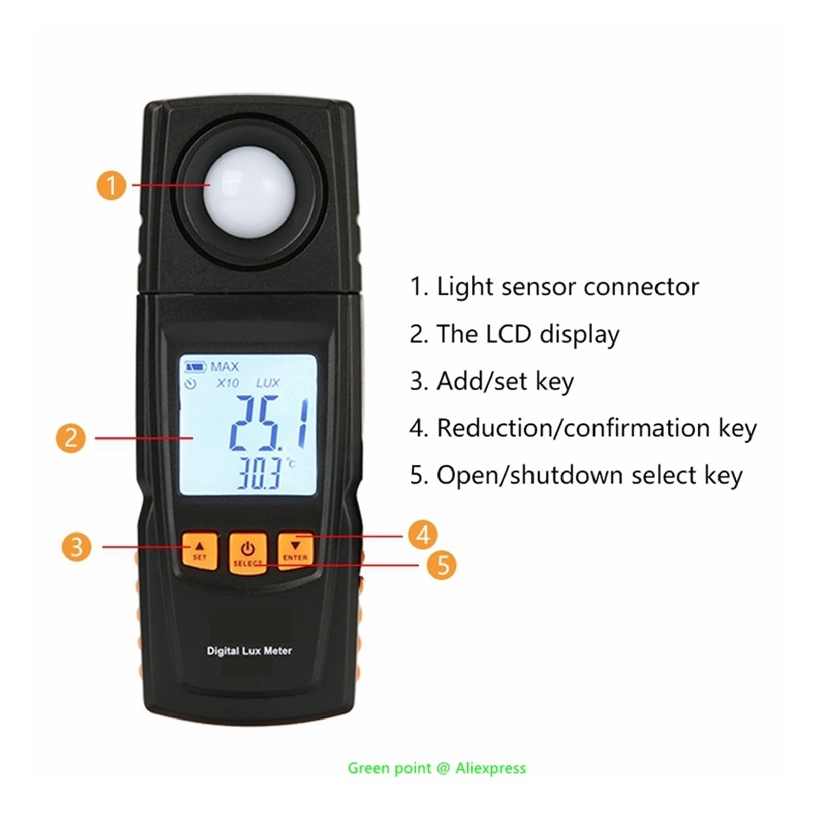 Illuminamento portatile, Tester Multifunzionale 0~40℃ Di Illuminamento Del Visualizzatore Digitale Del Luxmetro Di Alta Portabilità Supporto O Spostamento Automatico A Gamma Misurazione ad alta precis