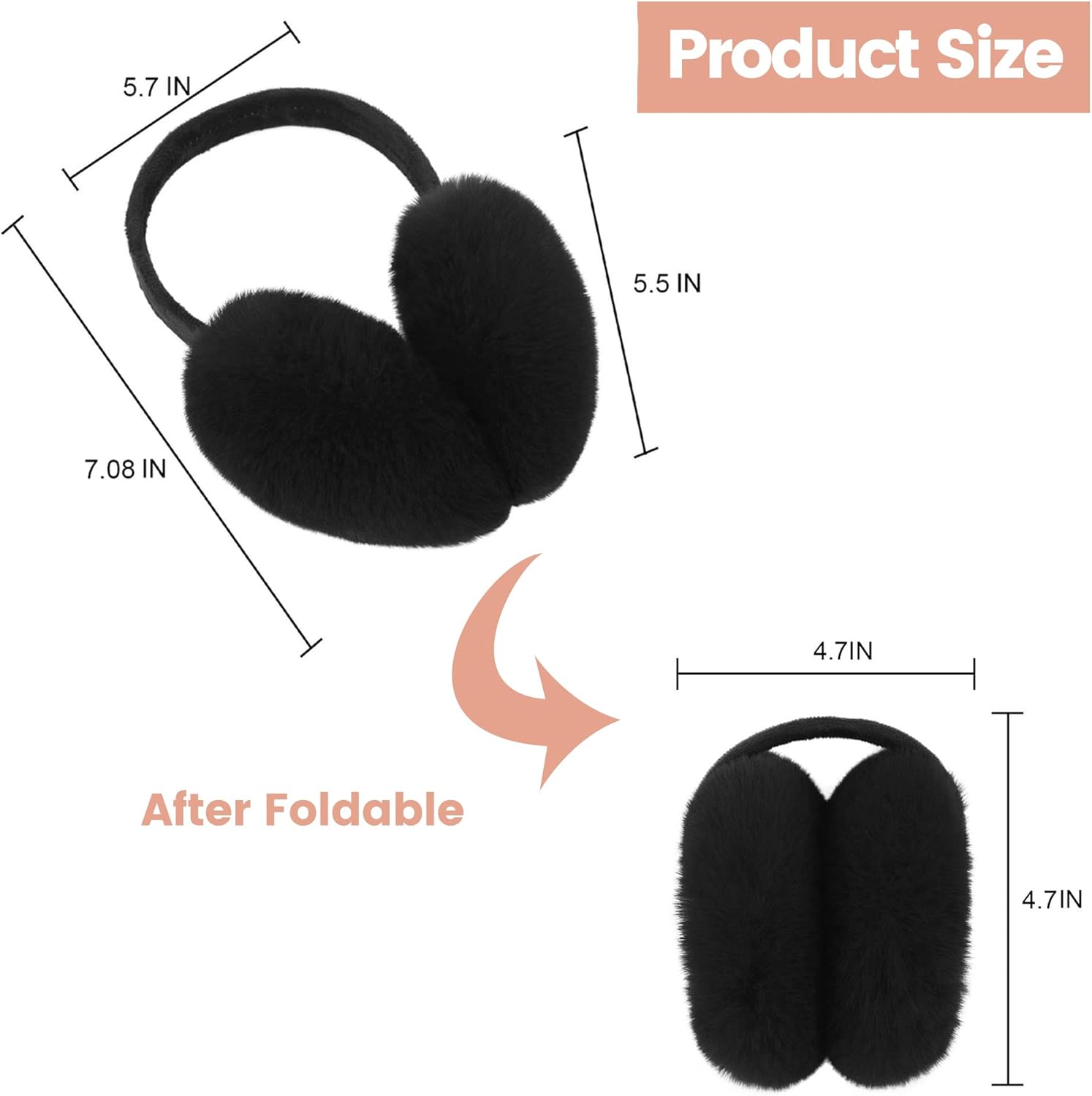 Simplicity Black Ear Muffs For Winter Men Warm Ear Warmers for Women Faux Furry Winter Ear Muffs Foldable Earmuffs for Women Winter Camping Outdoor Sports, Black