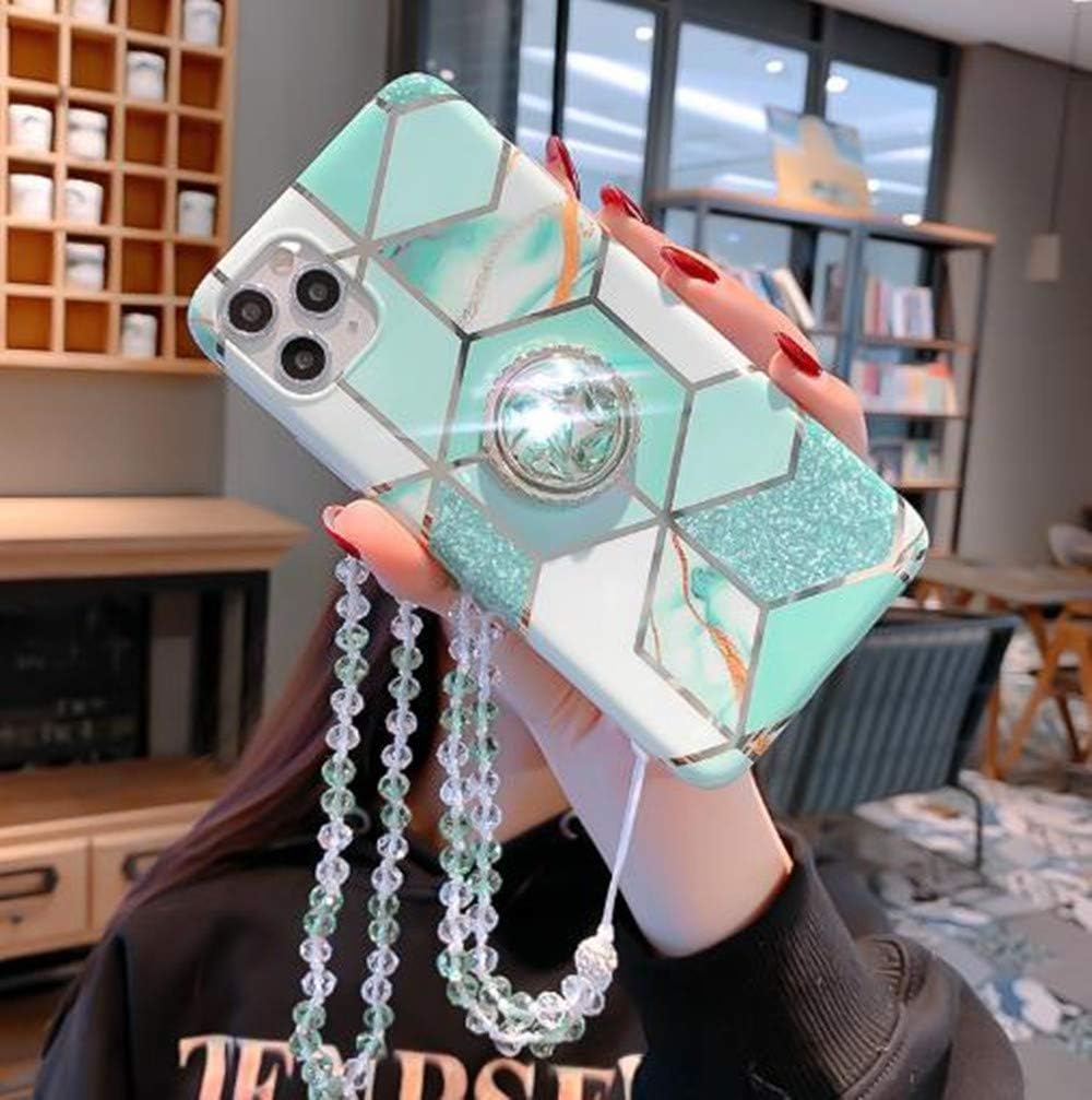 Aulzaju for iPhone 12 Pro Max Case with Ring Kickstand Cute Glitter Marble Design with Bling Diamond Strap Lanyard Soft Silicone Bumper Phone Case for Women Girls for iPhone 12 Max 6.7 Inch Green