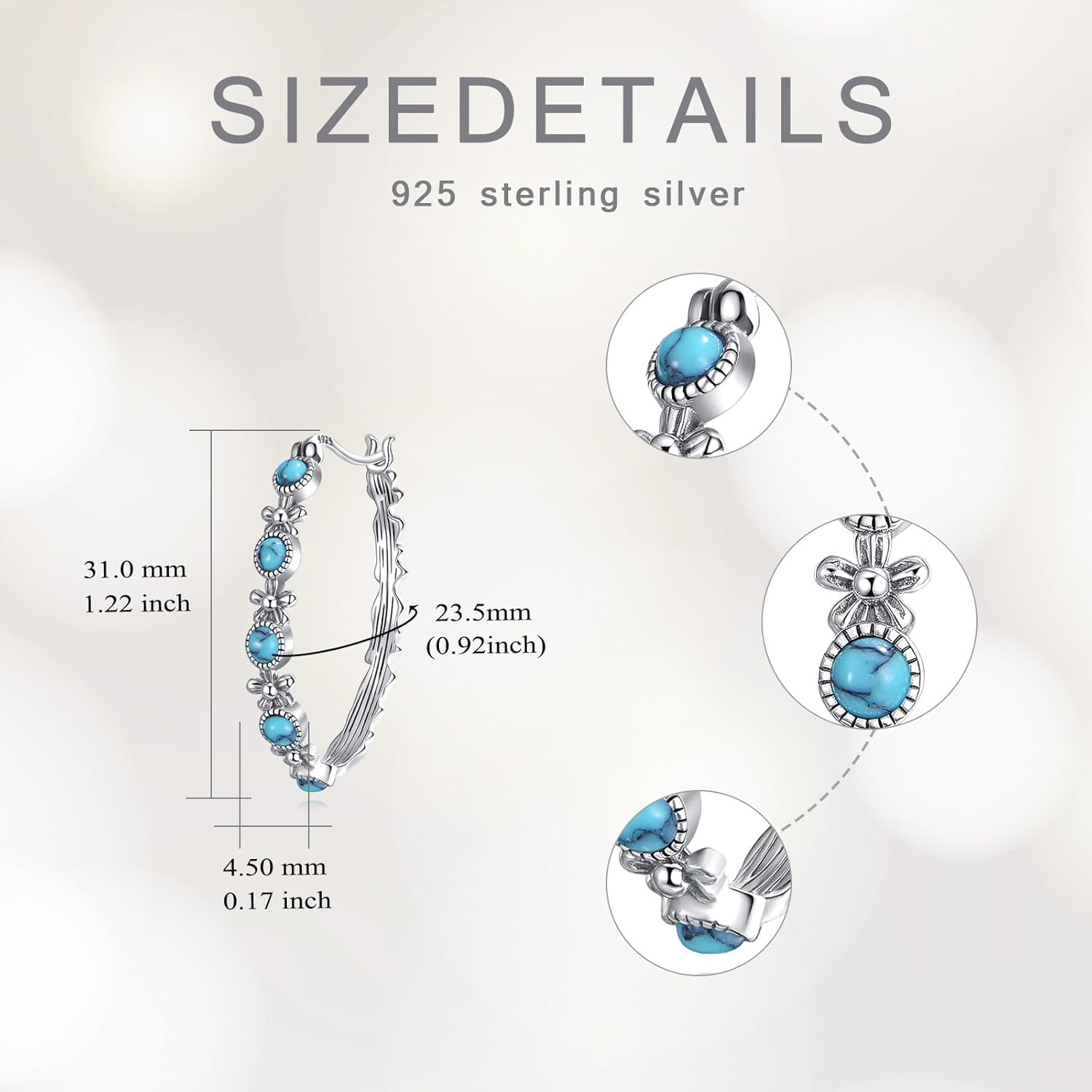 Genuine Turquoise Hoop Earrings for Women 925 Sterling Silver Vintage Flower with Round Cut Turquoise Huggie Earrings - Image 3