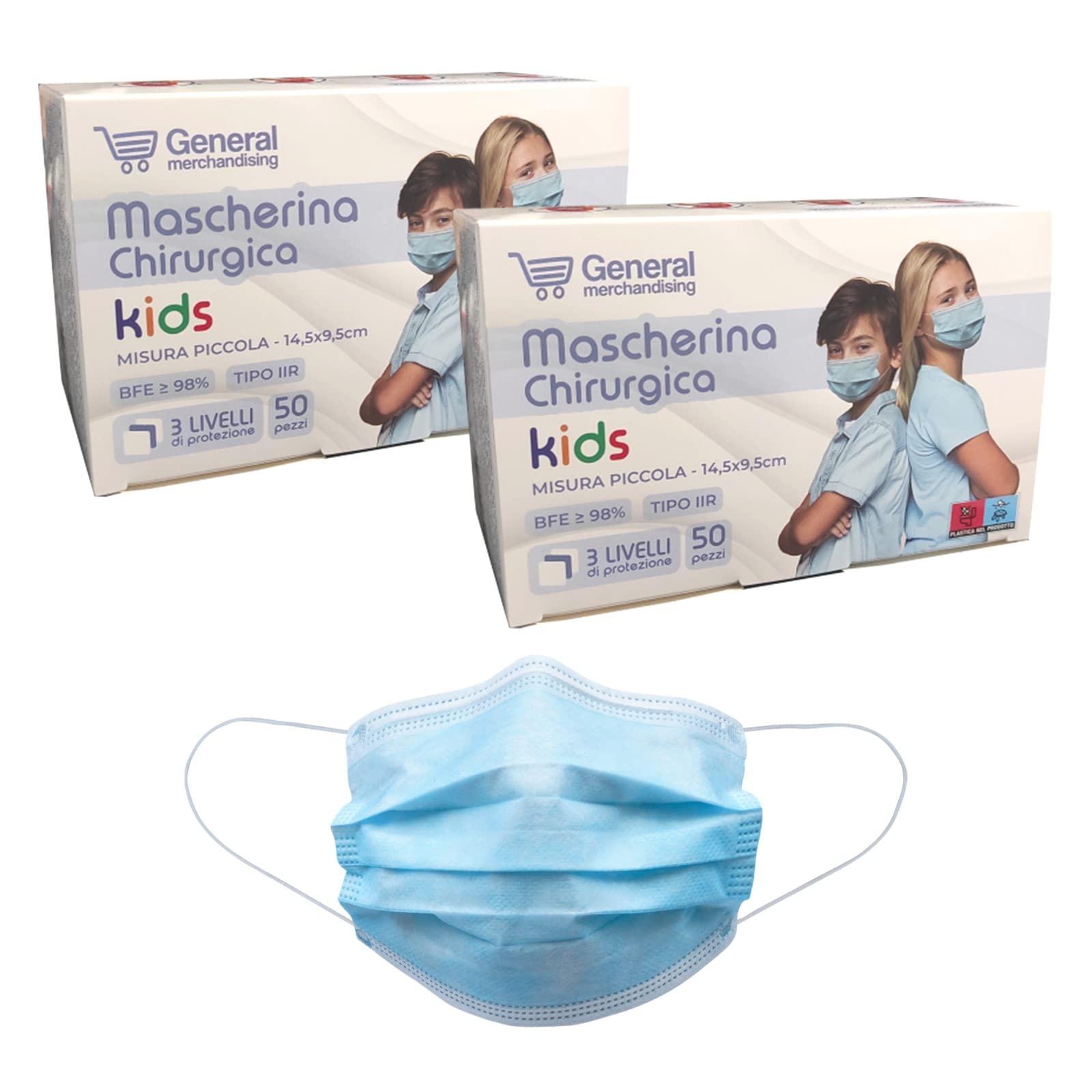 Mascherine Chirurgiche Bambini Azzurre Certificate CE Tipo II R BFE >98% nasello regolabile