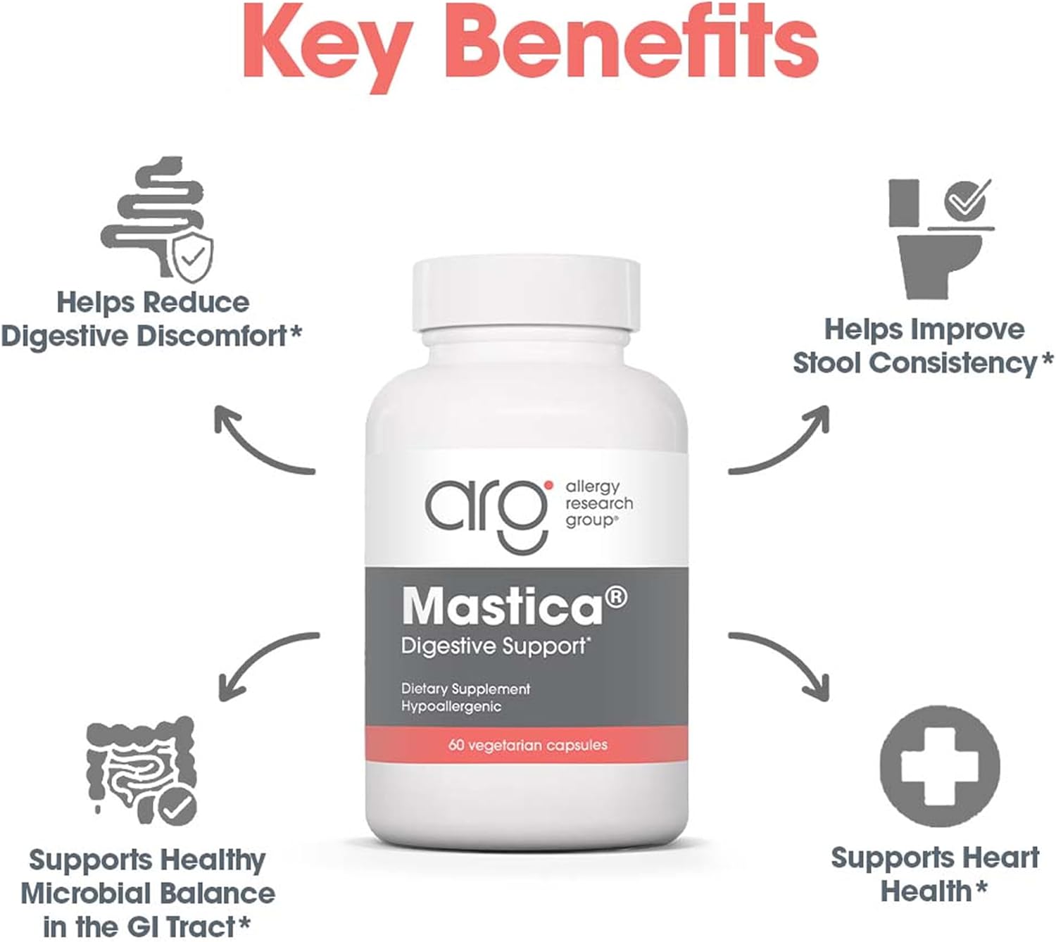 Allergy Research Group ARG Mastica Digestive Support - Supports Digestive Comfort - Delivers 1000 mg Chios Mastic Gum Resin per Serving - Vegetarian & Hypoallergenic - 30 Servings - 60 Capsules