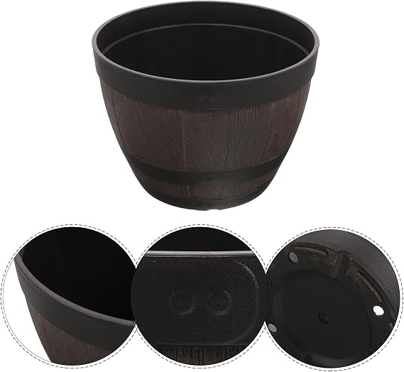 Large 9-inch Barrel Flower Planter Pot with Drainage Hole, Thickened Sturdy Plastic Wood-Look Planter for Outdoor Gardening and Vegetable Planting