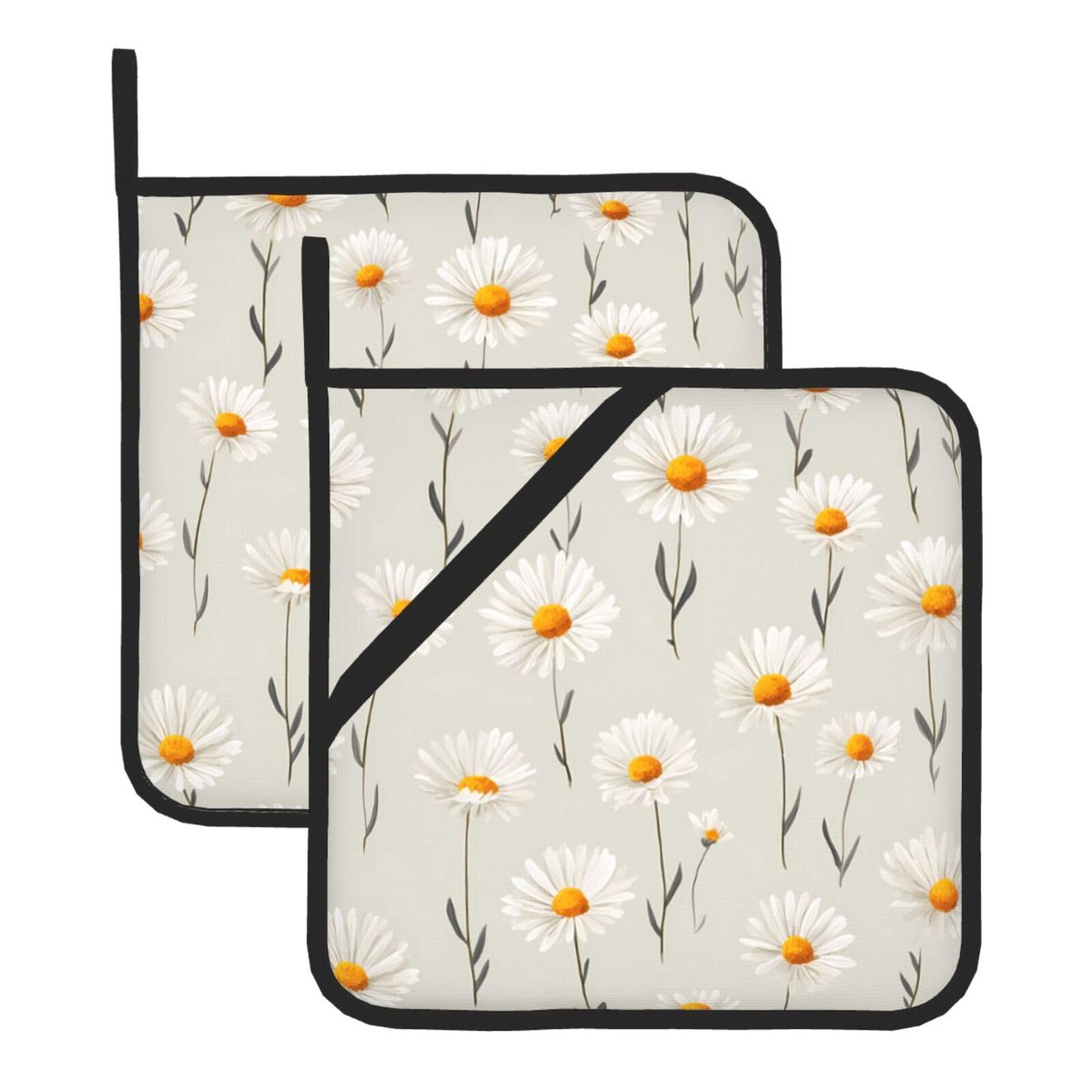 HJFCZH White Daisy Printed Square Insulated Pot Mat Set (2-Piece) 8x8in Waterproof, Thickened & Easy to Clean with Lanyard Design for Kitchen, Oven & BBQ