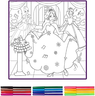 Tapete de Colorir Princesas 50x50cm com 12 Canetinhas Infantil Reutilizável e Lavável Brinquedo Educativo Criativo