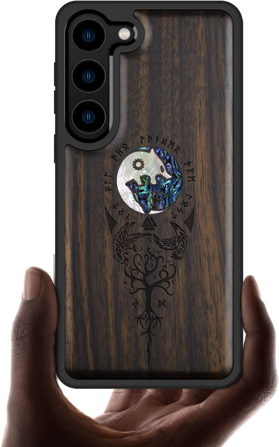 Carveit Designer Wooden Case for Samsung Galaxy S23 Cover [Wood Engraving & Shell Inlay] Unique Wood Phone Case Compatible with Wireless Chargers Galaxy S23 Case (Yin Yang Wolf-Walnut)