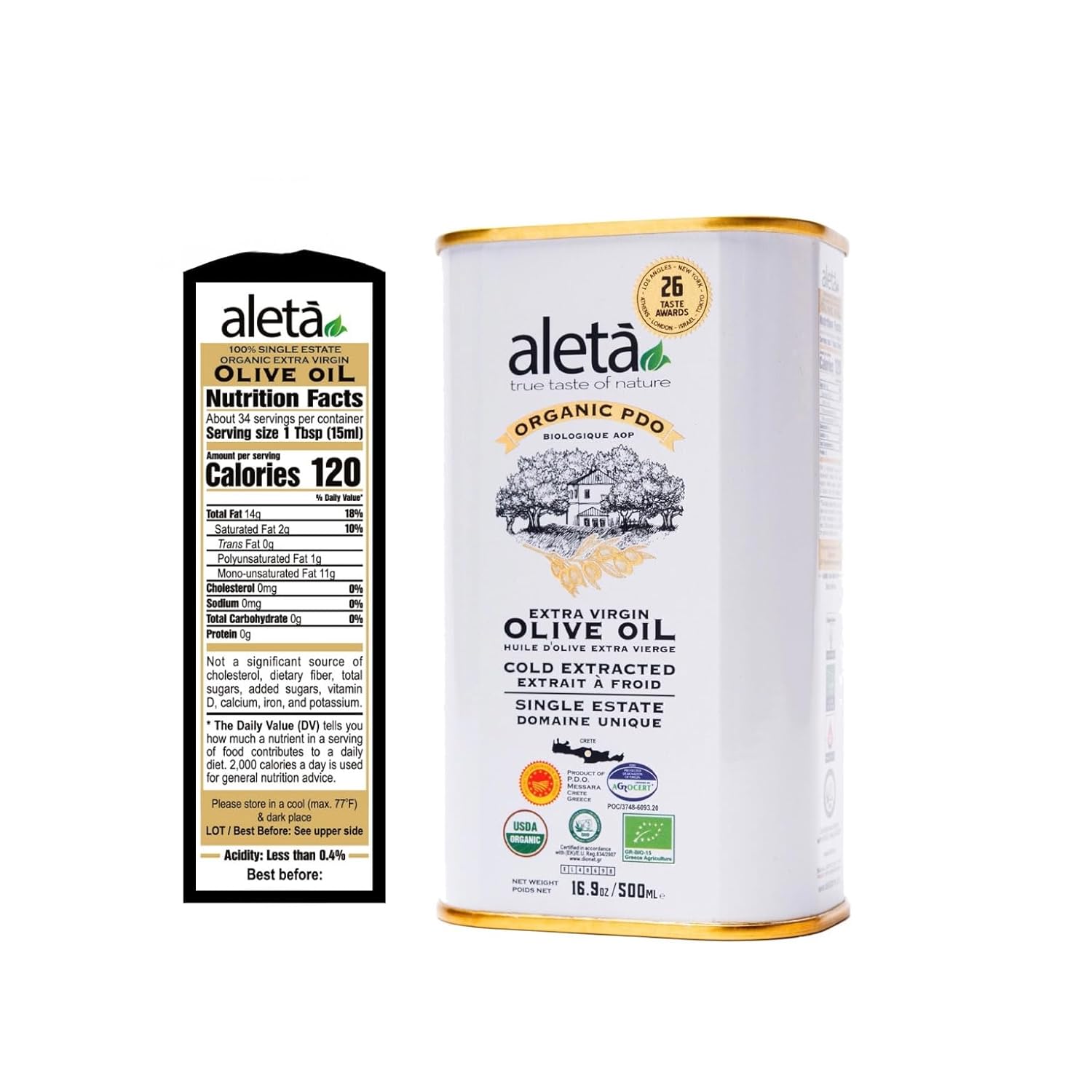Aleta Farms Olive Oil Extra Virgin, USDA Organic, Single Estate PDO Polyphenol Rich Olive Oil, Cold Pressed, Global Gold Awards, EVOO, Kosher. 16.9 Fl Oz (Pack of 1) - Image 4