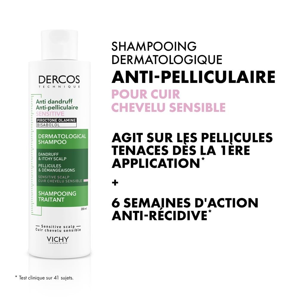 Vichy, Dercos, Shampooing Traitant Anti-Pelliculaire, Pellicules & Démangeaisons, Cuir Chevelu Sensible, 200ml