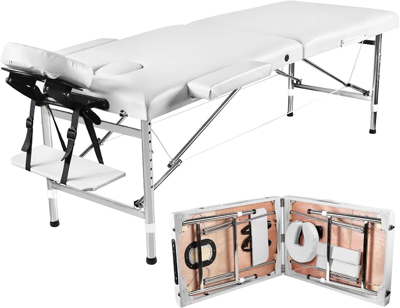 Mesas de masaje Cama de masaje plegable ajustable portátil de 24 pulgadas de ancho, cama de esteticista de aluminio liviano, silla de tatuaje para cliente, mesa de tatuaje para profesionales de spa y belleza (blanco)