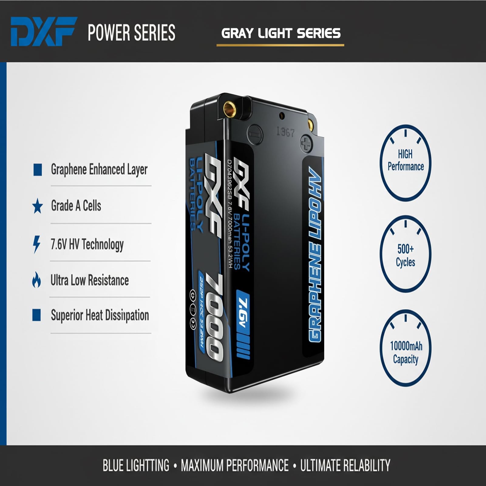 DXF Batería LiPo HV 2S 7.6V 7000mAh 140C con Conector 5mm Bullet a Deans-T para Coches RC 1/8 1/10- Potencia Sin Límites - Pack de 2 Unidades