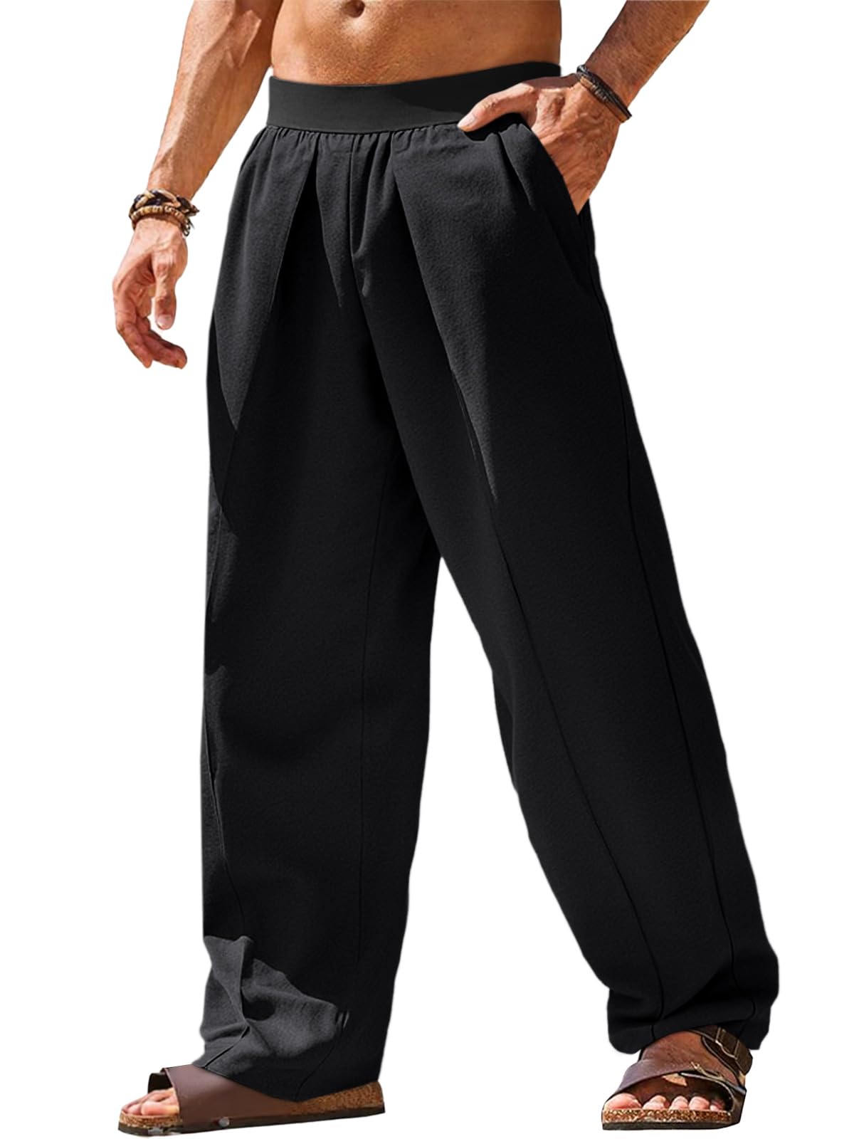 Runcati Mens Casual Linen Pants Elastic Waist Straight Leg Pants Lightweight Loose Fit Summer Beach Yoga Trousers