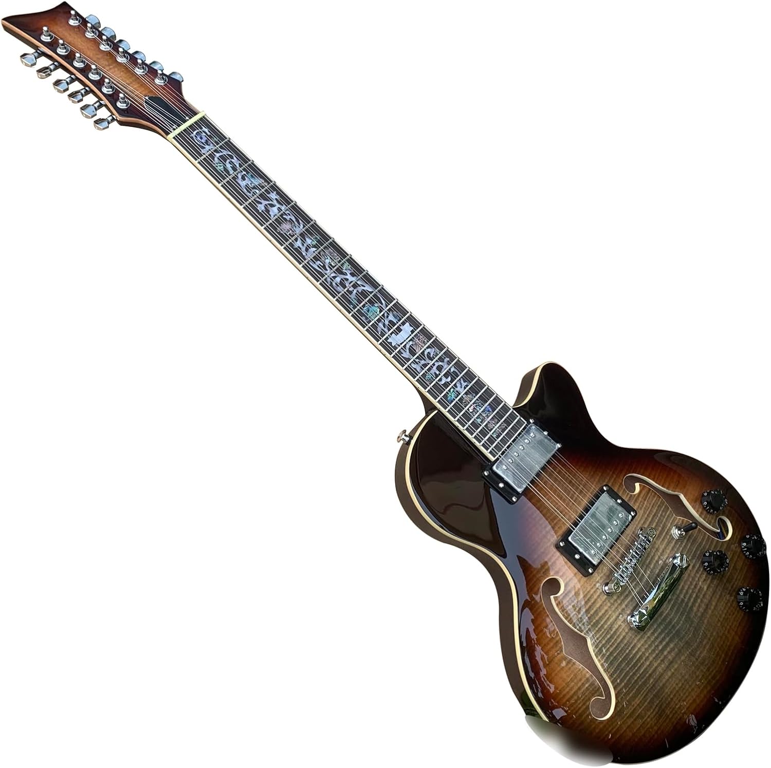 12 String Electric Guitar Semi-Hollow Body Flame Maple Top Chrome Alnico Humbucker Pickups Stainless Steel Frets 39 Inch Guitar (2)