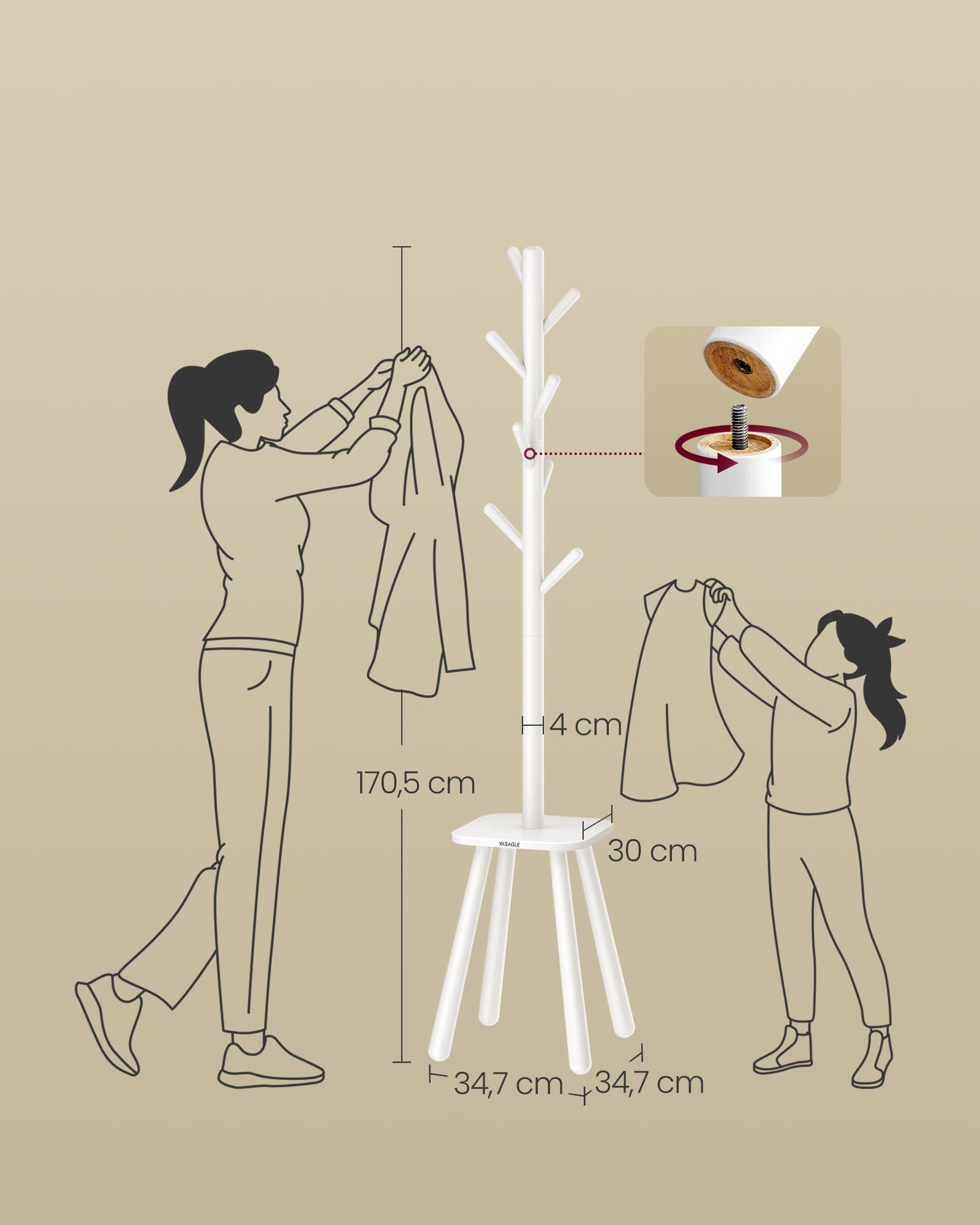 VASAGLE Attaccapanni da Terra, Appendiabiti da Terra, con 8 Ganci e Piano Portaoggetti, Alto 170,5 cm, per Cappotti Cappelli Borse, Ingresso Corridoio Camera da Letto, Bianco Nuvola RCR033W01