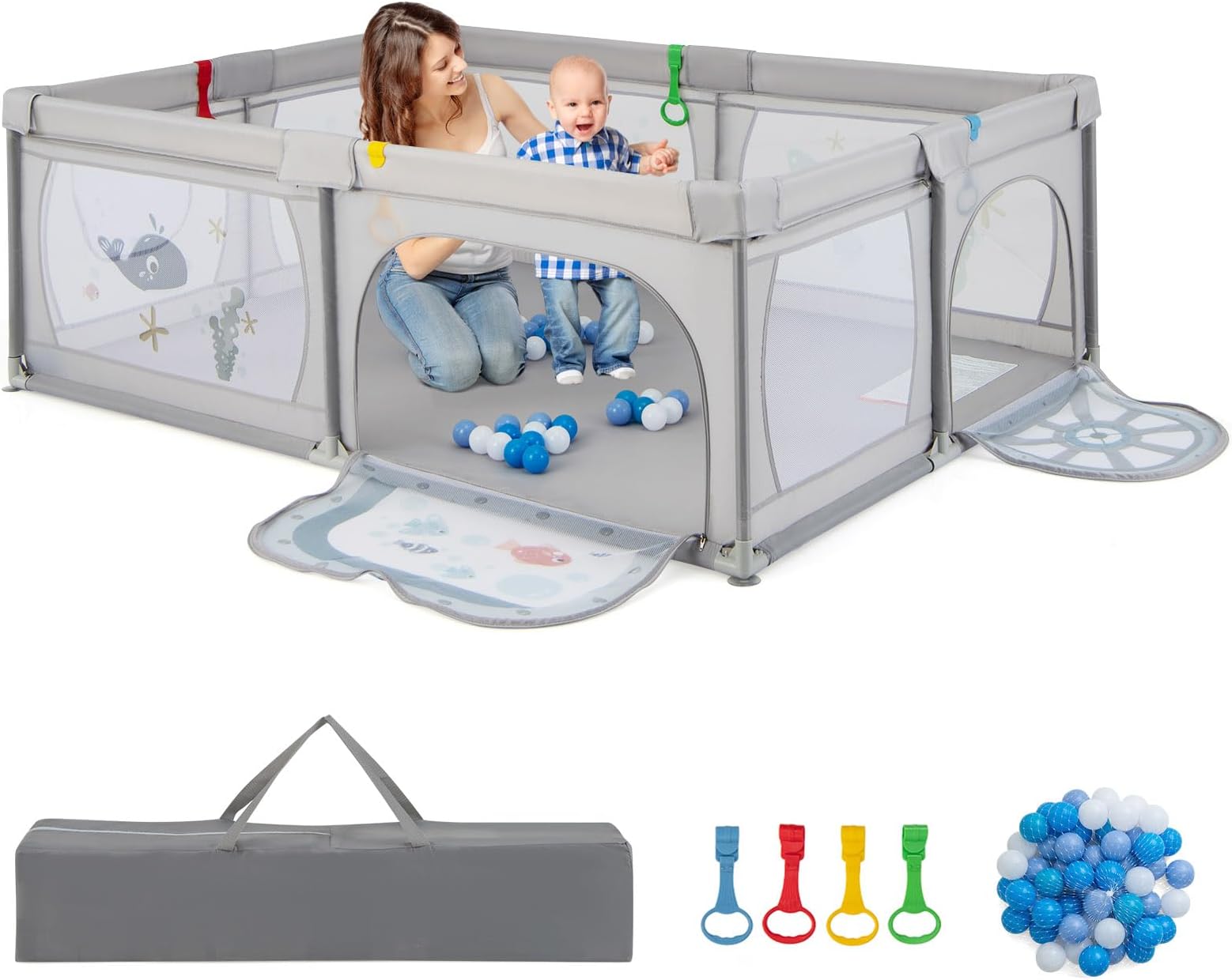 COSTWAY Baby Playpen for Babies and Toddlers, 206 x 147cm Playard with 50 Ocean Balls, Handles, Zipper Door, Breathable Mesh, Indoor Infants Activity Center (Fishes)