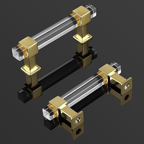 Miniatura 9 de knobelite Paquete de 25 manijas de gabinete de cocina con centro de agujero de 4 pulgadas, tiradores de cajón dorados con tubo acrílico cuadrado y