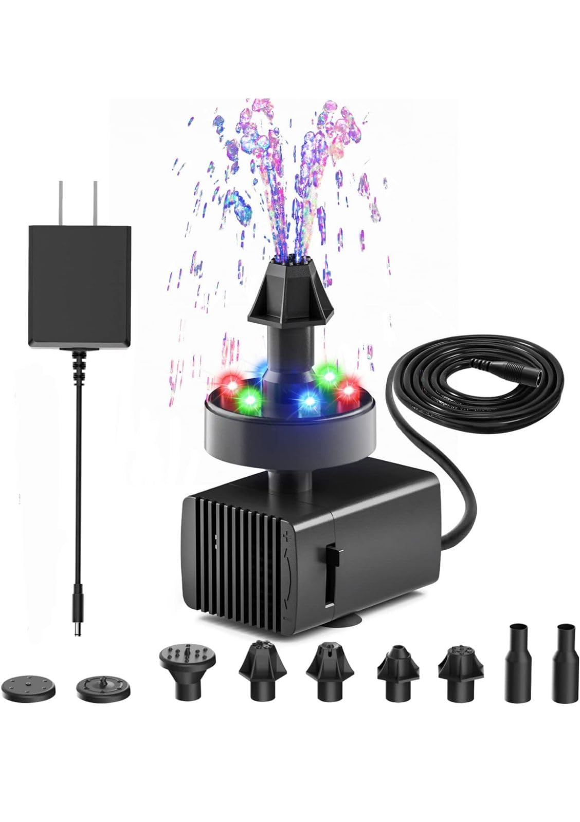 Asian Pumps 220V Fountain Pump for Tabletop Indoor/Outdoor with Adjustable Flow, Quiet Water Fountain Pump with 6LED RGB Lights for Garden, Small Fish Tank, Pond, Aquarium Features- 7 Spray Nozzles-image-35
