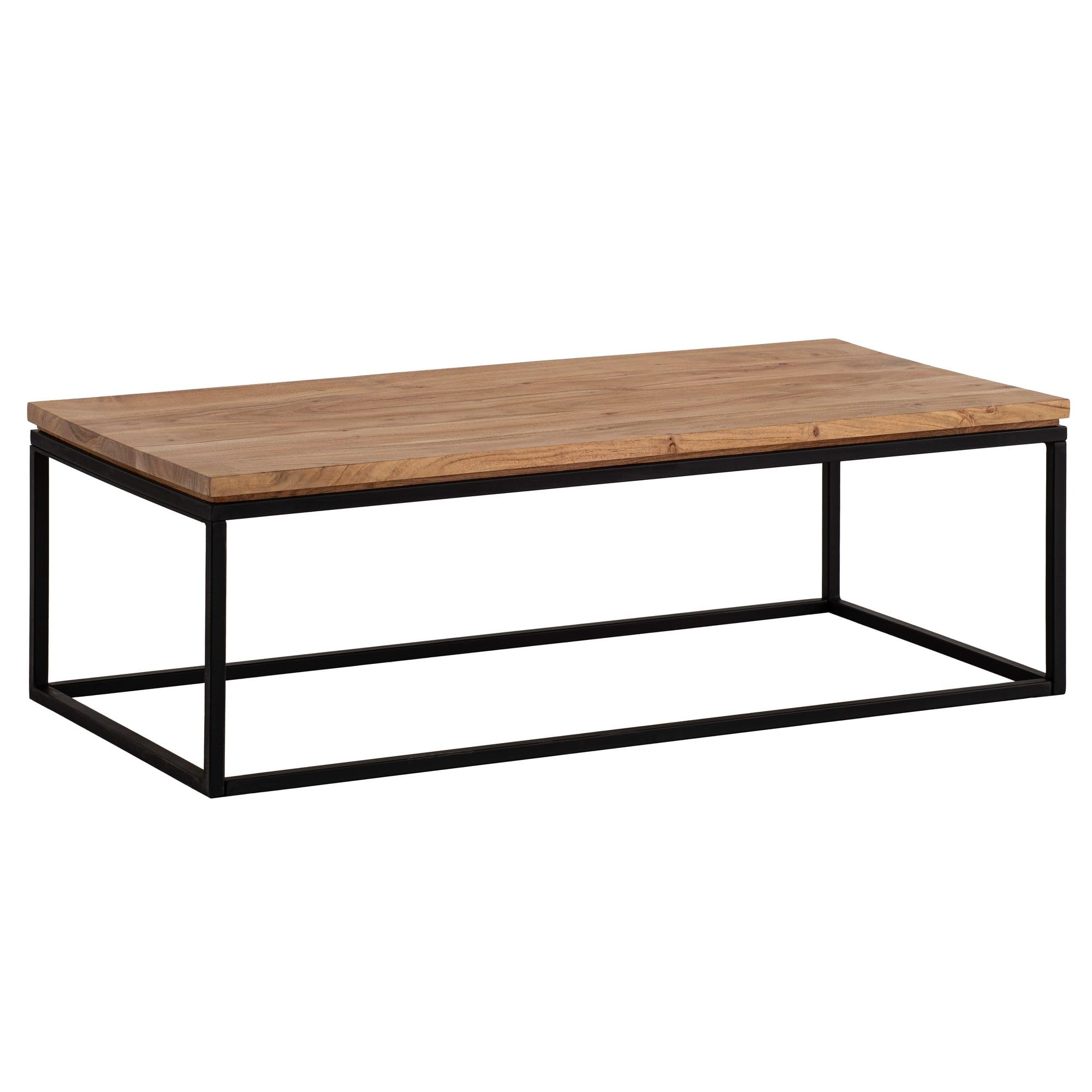 FineBuy Stolik Kawowy 120x60x40 cm Lite Drewno Akacjowe, Metalowy Stelaż | prostokątny stolik do salonu z solidnym stelażem na 4 nogach, stolik pod sofę z prawdziwego drewna, ręcznie wykonany