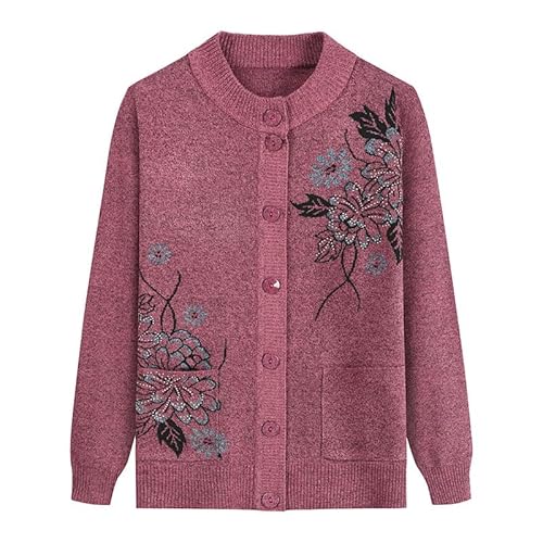 Générique Cardigan Femme Grande Taille,Pulls Tricotés pour Personnes Âgées et D'Âge Moyen Pull Vintage Brodé À Fleurs pour Maman Épais Chaud et Décontracté Cadeaux pour Grand Mère Rose Taille M