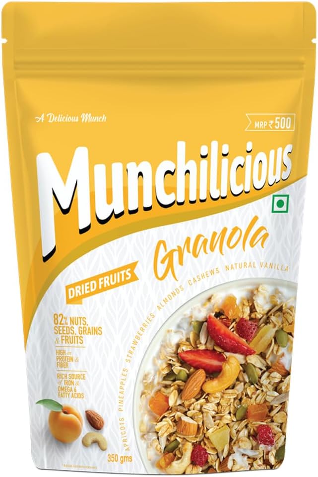 Munchilicious Granola - Crunchy Dried Fruits, 350g | 82% Nuts, Seeds, Grains & Fruits | Protein Rich Breakfast Cereal with Almonds, Cashew, Apricot, Pineapple & Strawberry | No Added Preservatives