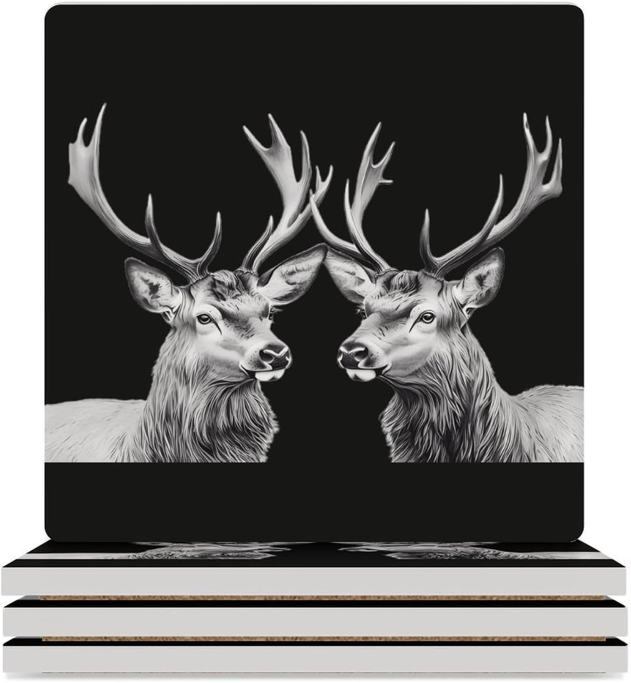 Two Deers Funny Ceramic Coasters for Drinks Absorbent Cup Holder Tabletop Protector with Cork Base