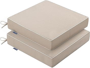 MIULEE Beige Outdoor Chair Cushions Set of 2, 19x19x3 Inch Waterproof Patio Seat Cushions for Outdoor Furniture Couch Sofa, 3 Year Color Fastness High Density Foam with Adjustable Ties