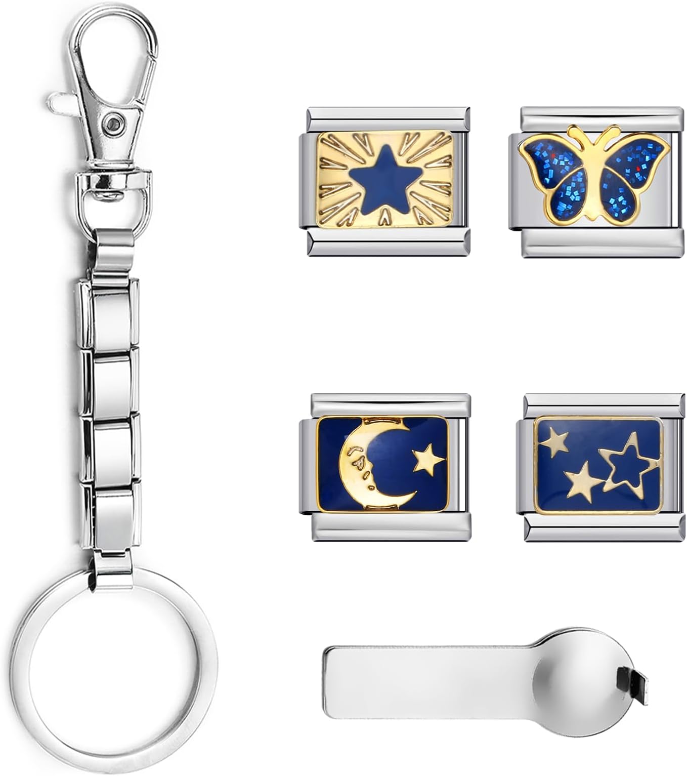 Italian Charm Keychain Set for Women Men – Modular Stainless Steel Key Ring with 4 Charms (Butterfly, Moon, Star) & Opener, Fits 9mm Links, Gift DIY Kit