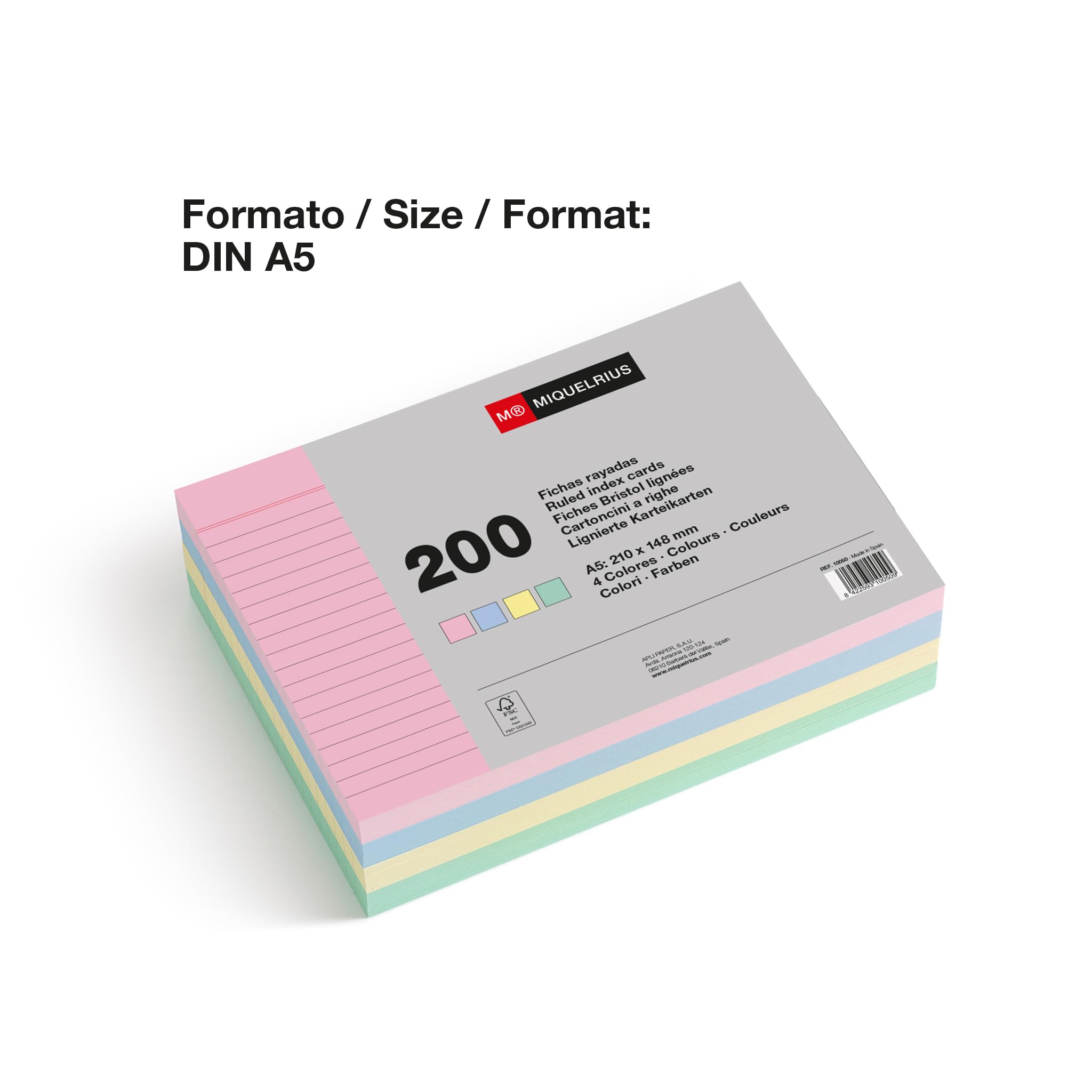 Miquelrius – Karteikarten, Lernkarten, 200 Notizkarten, horizontal liniert, A5-Format, 148 x 210 mm, 200 g/m² Offset-Kartenpapier, Pastellfarben
