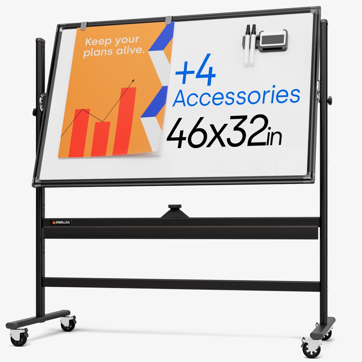 Kamelleo Rolling Whiteboard on Wheels 46" x 32", Double Sided White Board