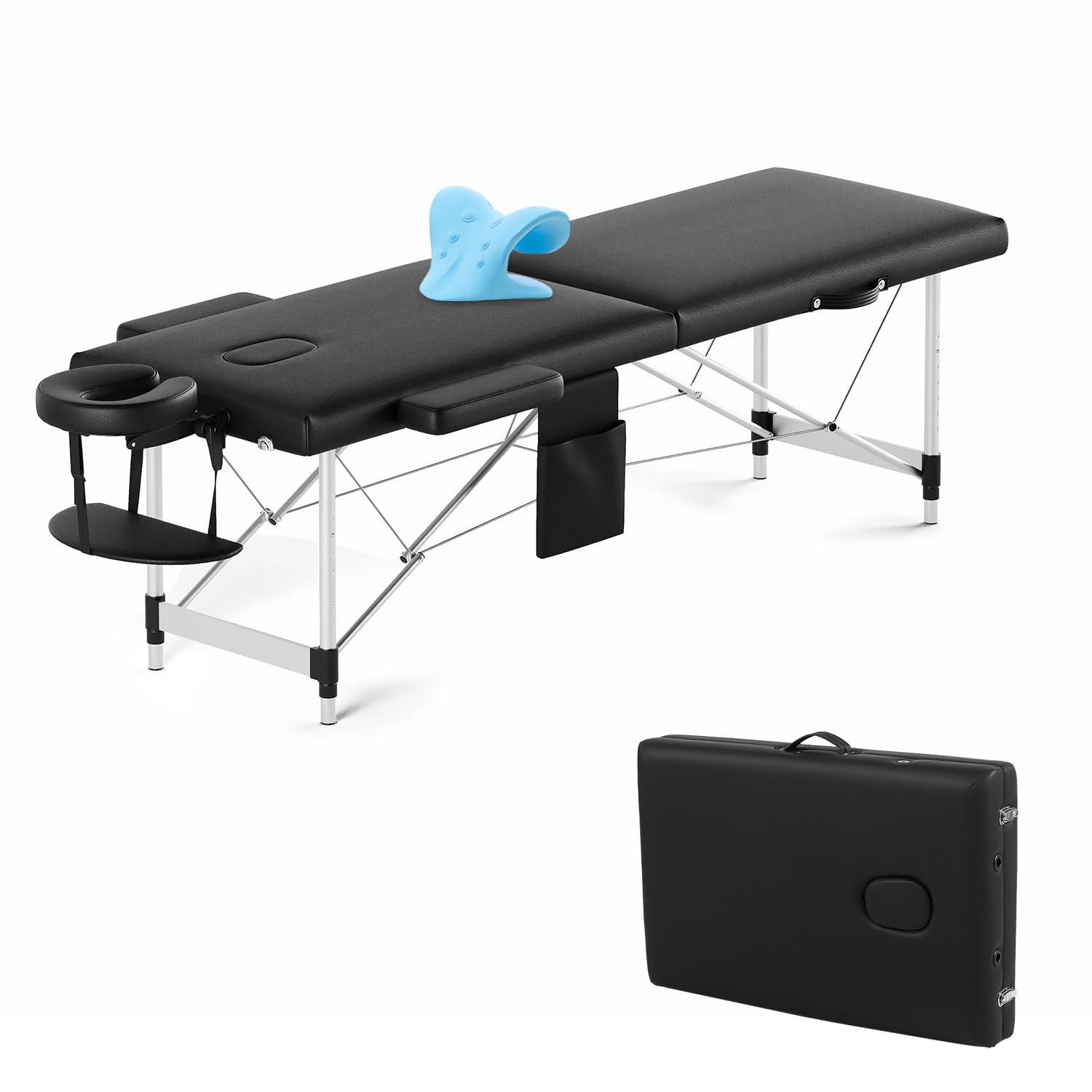 Portable Massage Table w/Neck Stretcher, 84 inch Sturdy Foldable Massage Bed Facial Bed Tattoo Table Adjustable Lash Bed Esthetician for Beauty Tattoo (Aluminum, Black)-image-32