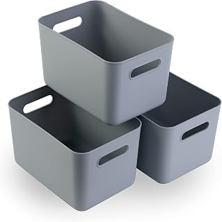 Laffair® Plastic Storage Boxes - Set of 3 Plastic Baskets for Bathroom Storage, Kitchen Storage and Office Storage - Sleek Modern Design Storage Box for Home Storage and Organisation (Grey)