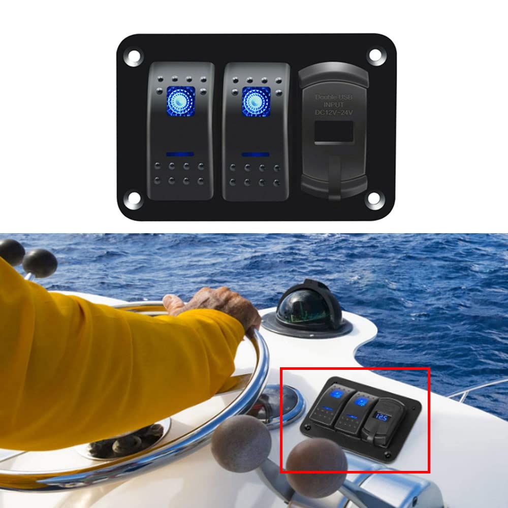 Riloer Pannello combinato con interruttore a 2 vie, 12 V / 24 V, per barca, auto, camper, camion, con presa Dual USB, interruttore a bilanciamento On/Off, con luci LED blu/rosso/verde