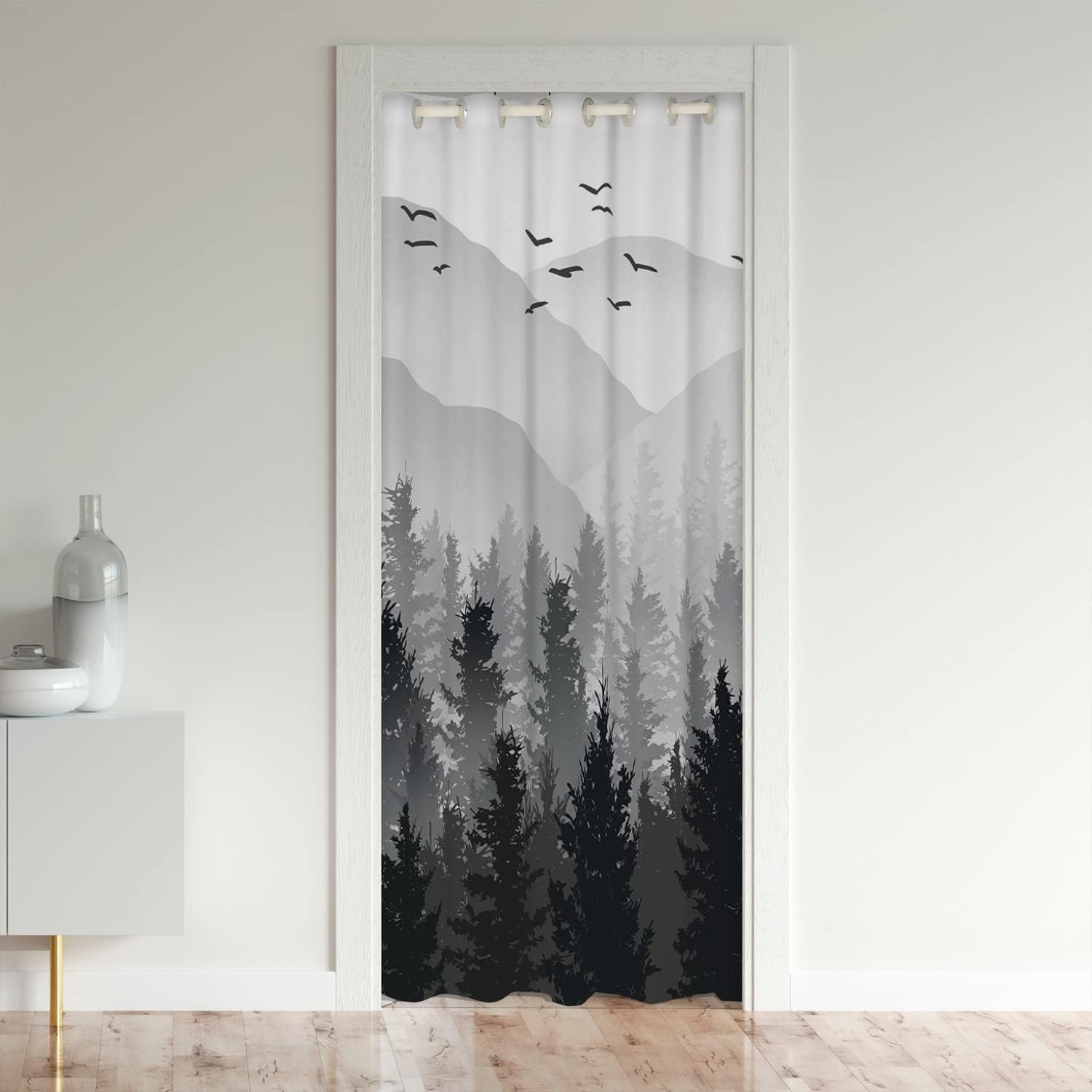 Cortina para puerta gris de salón con paisaje de montaña y árboles salvajes de 86 x 203 cm