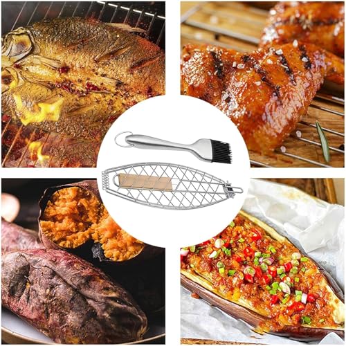 Tkxjry Fischgrillgitter aus Edelstahl, 63 * 12cm Fisch Grillhalter mit Holzgriff, Fisch Grillhalter mit Ölbürste, Fischbräter Edelstahl, Fischhalter zum Grillen, für Grillfische, Steak, Fischfilets
