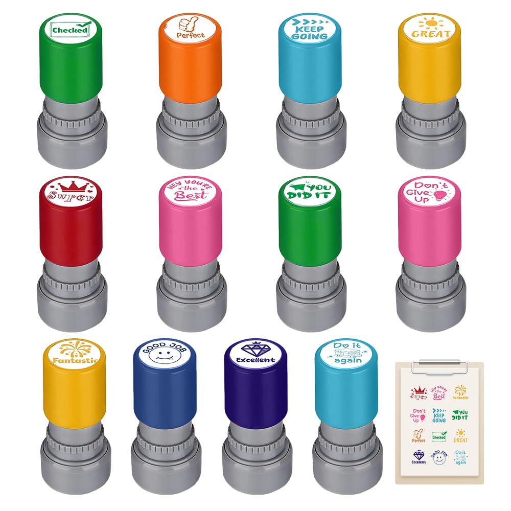 Pack of 12 Sorted Teacher Stamp, Review Stamps for Home School Prizes-Classroom Incentive Rewards- Classroom Essentials, Teacher Review Photosensitive Colorful Behavior Stamper for Education