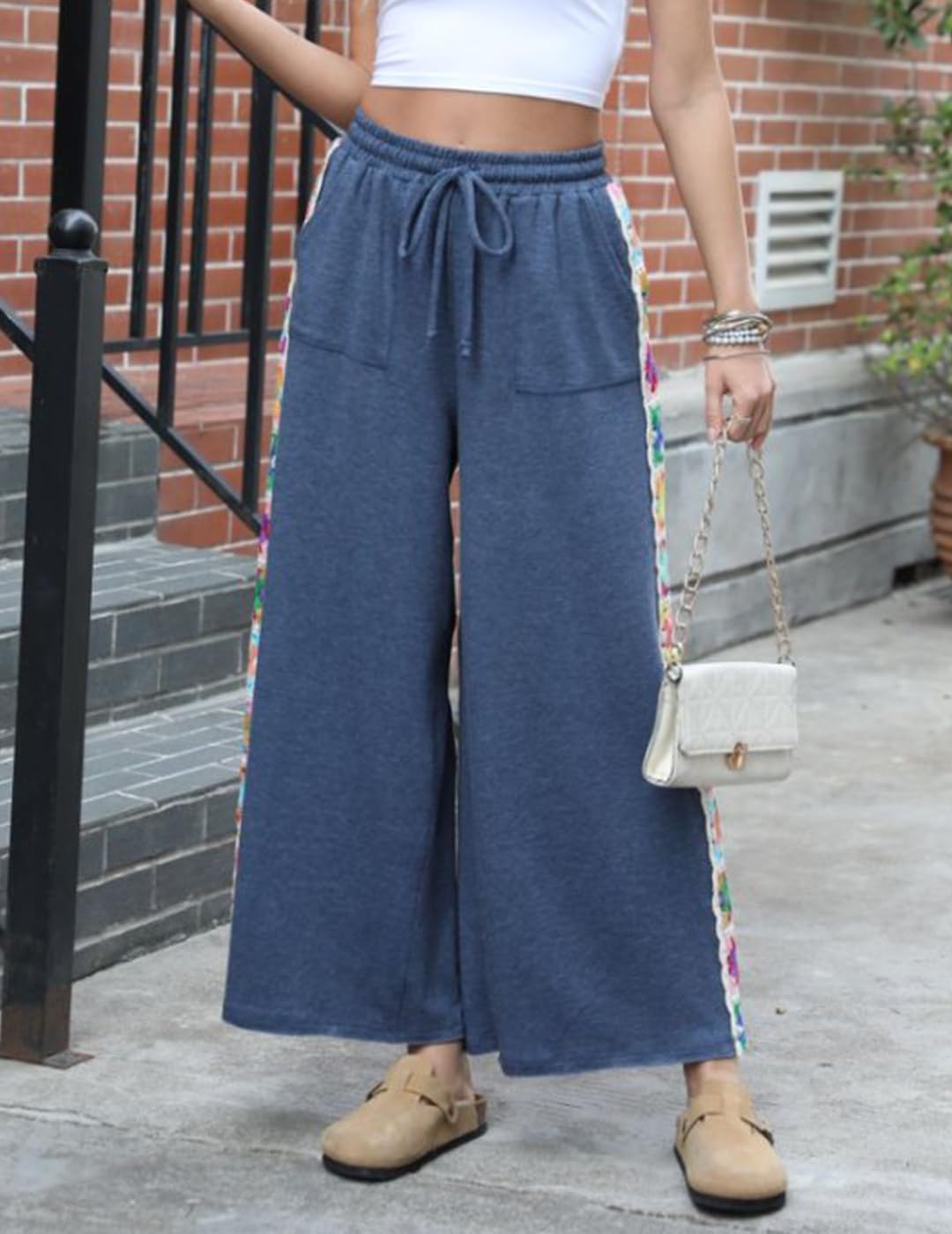 Womens Wide Leg Pants Stretch Casual Drawstring Waist Loose Lounge Sweatpants Crochet Panel Pant with Pocket - Image 4