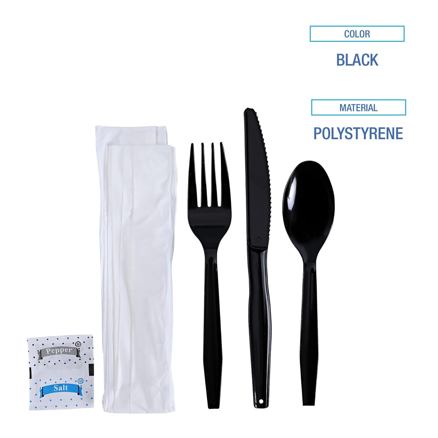 Boardwalk Six-Piece Cutlery Kit, Condiment/Fork/Knife/Napkin/Teaspoon, Black, 250/Carton