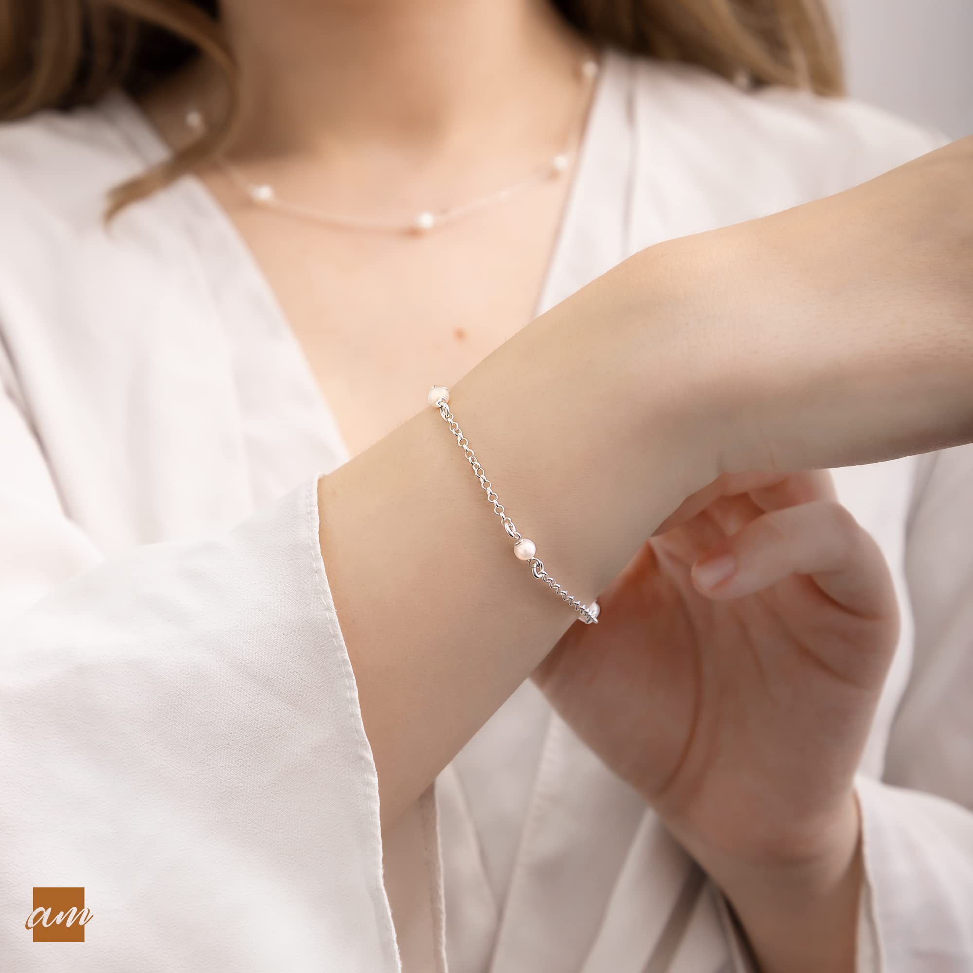 Amberta Pulsera de Perlas de Agua Dulce para Mujer en Plata de Ley 925