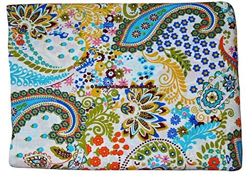 Image of Indian Hand-Block Printed Jaipuri Print Tropical Paisley Floral Ethnic Sanganer Kurti Print Cotton Fabric (White Paisley, 3 Yards)