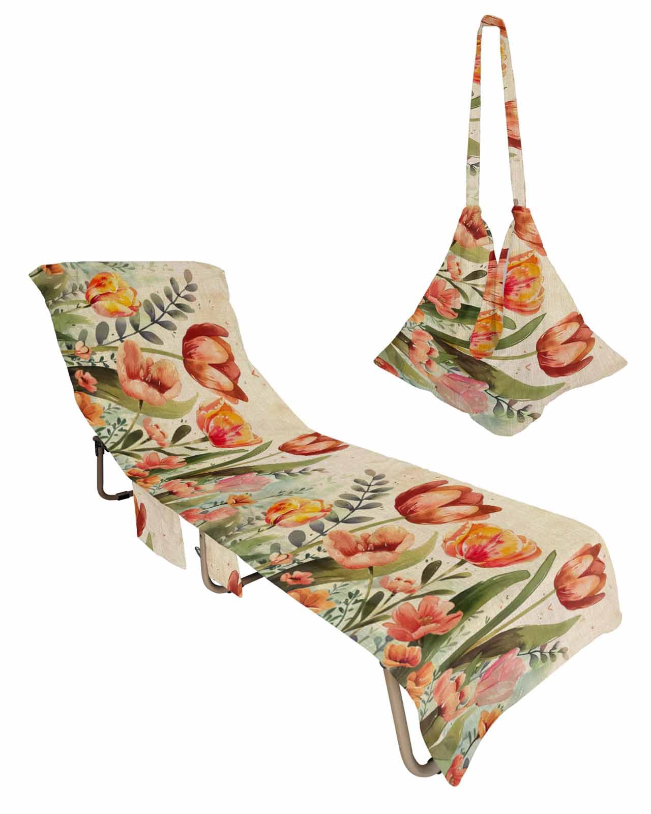 Beach Pool Patio Lounge Chaise Chair Cover Towel with Pockets,Red Orange Tulip Absorbent & Quick Dry Microfiber Towel Cover Bag Travel Accessories Eucalyptus Leaves Watercolor Rustic Chic Botanical