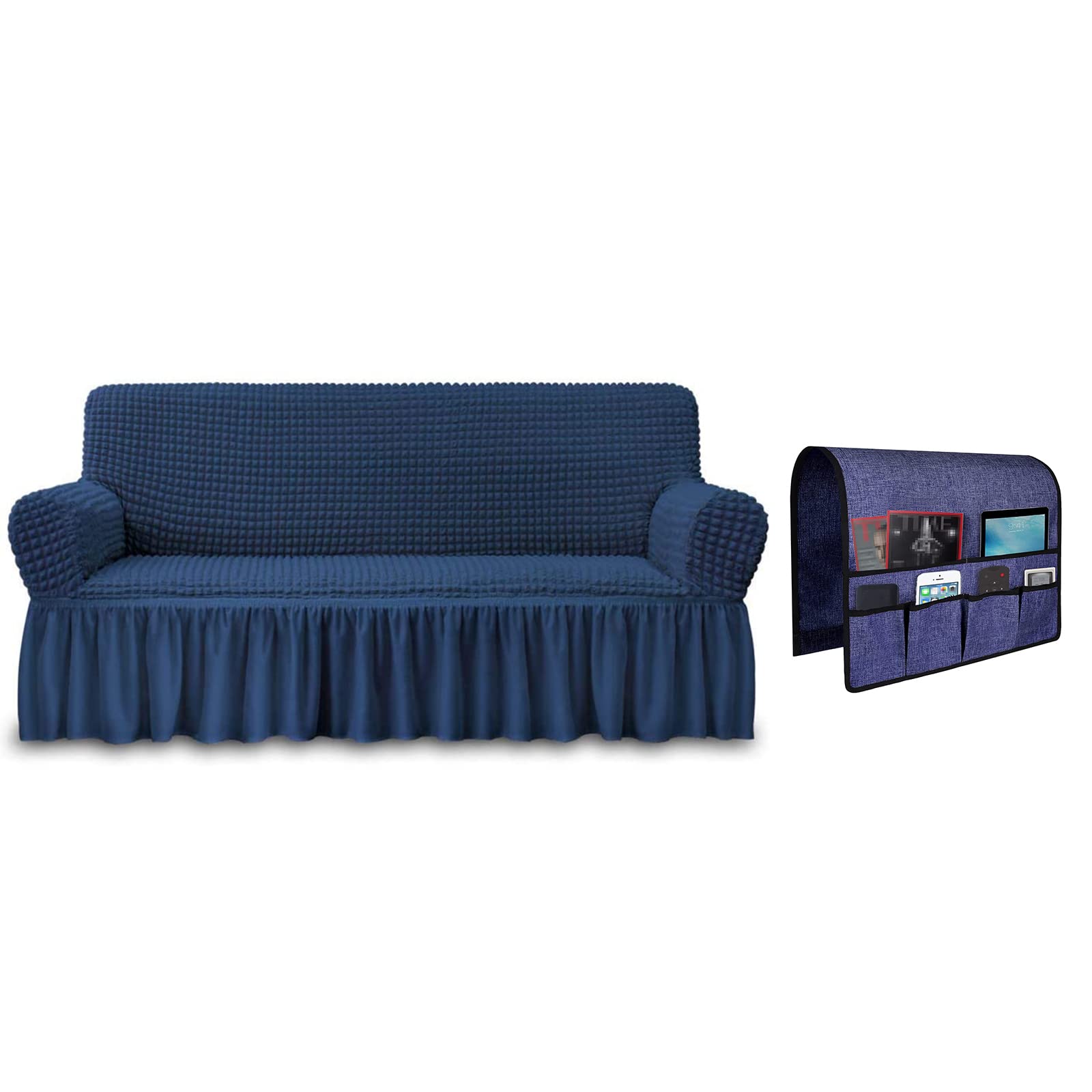 NICEEC Blue Sofa Covers and Sofa Armrest Organizer Bundle