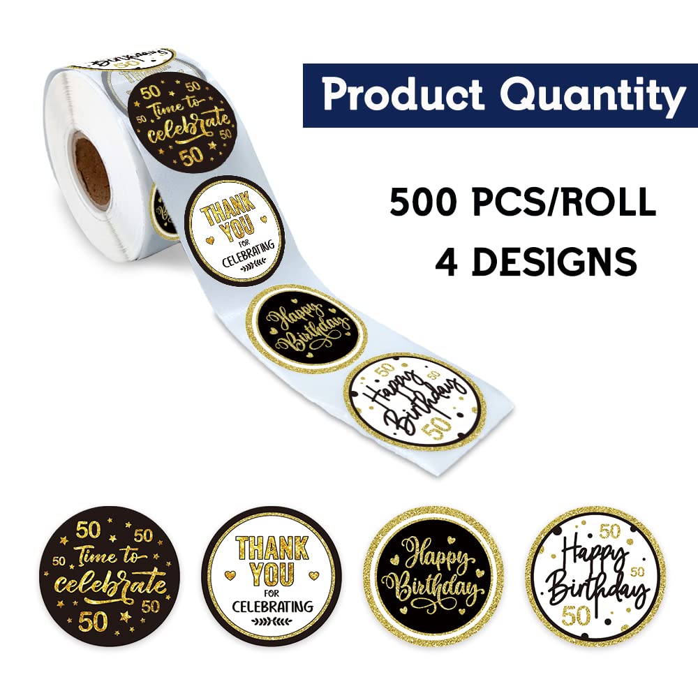 500-Pack Black Gold 50th Birthday Stickers - Cheers To 50 Years Round Labels