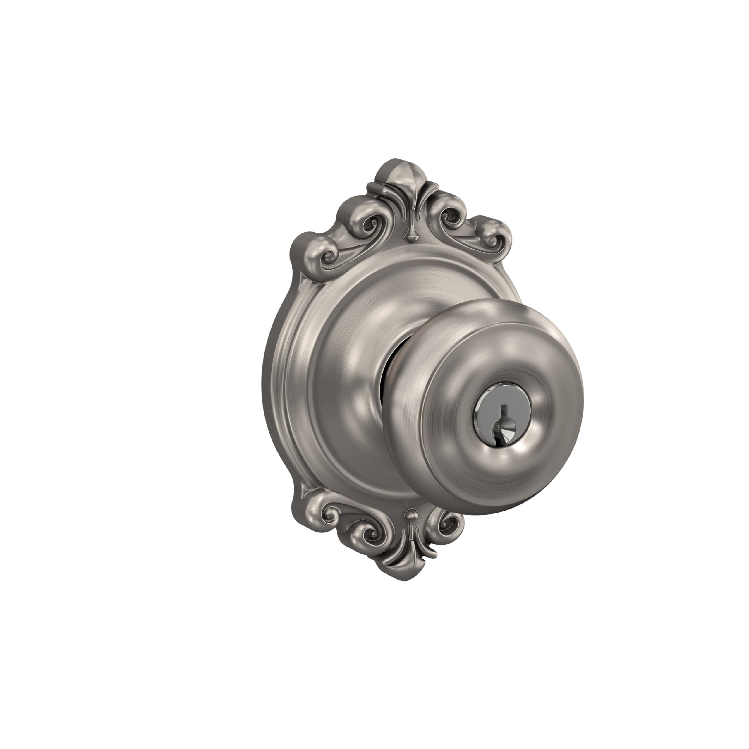 SCHLAGE F51A GEO 619 BRK - Pomo georgiano con cerradura de entrada con llave y moldura Brookshire, níquel satinado
