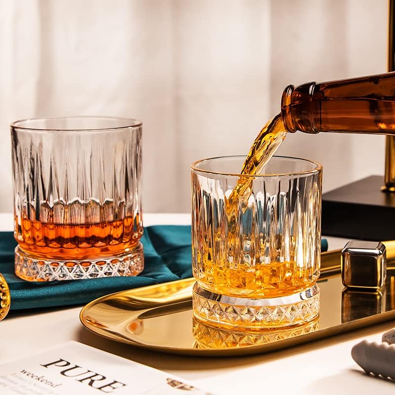 Image of Premium Crystal Whiskey Glass Set of 6, 300 ml Cut Glass Design, Heavy Base Tumbler for Bourbon, Scotch & Cocktails (6, Dark Line)