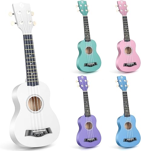 Miniatura 74 de Ukelele soprano para principiantes, juego de iniciación de ukeleles de madera de tilo de 21 pulgadas con bolsa de gig sintonizador digital, cuerdas