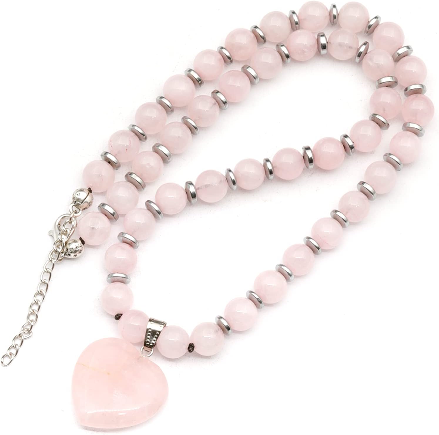 Genuine Natural Gemstone Heart Necklace | Handmade 8mm Round Bead Jewelry with Hematite Accents | Adjustable Fit | Meaningful Gift for Women & Men